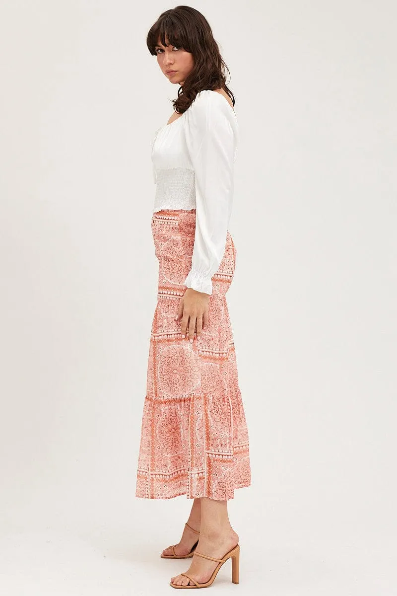 Boho Print Maxi Skirt High Rise Tiered