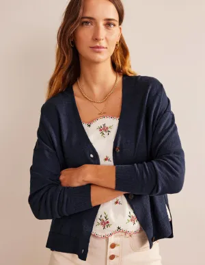 Drop-Shoulder Linen Cardigan-Navy