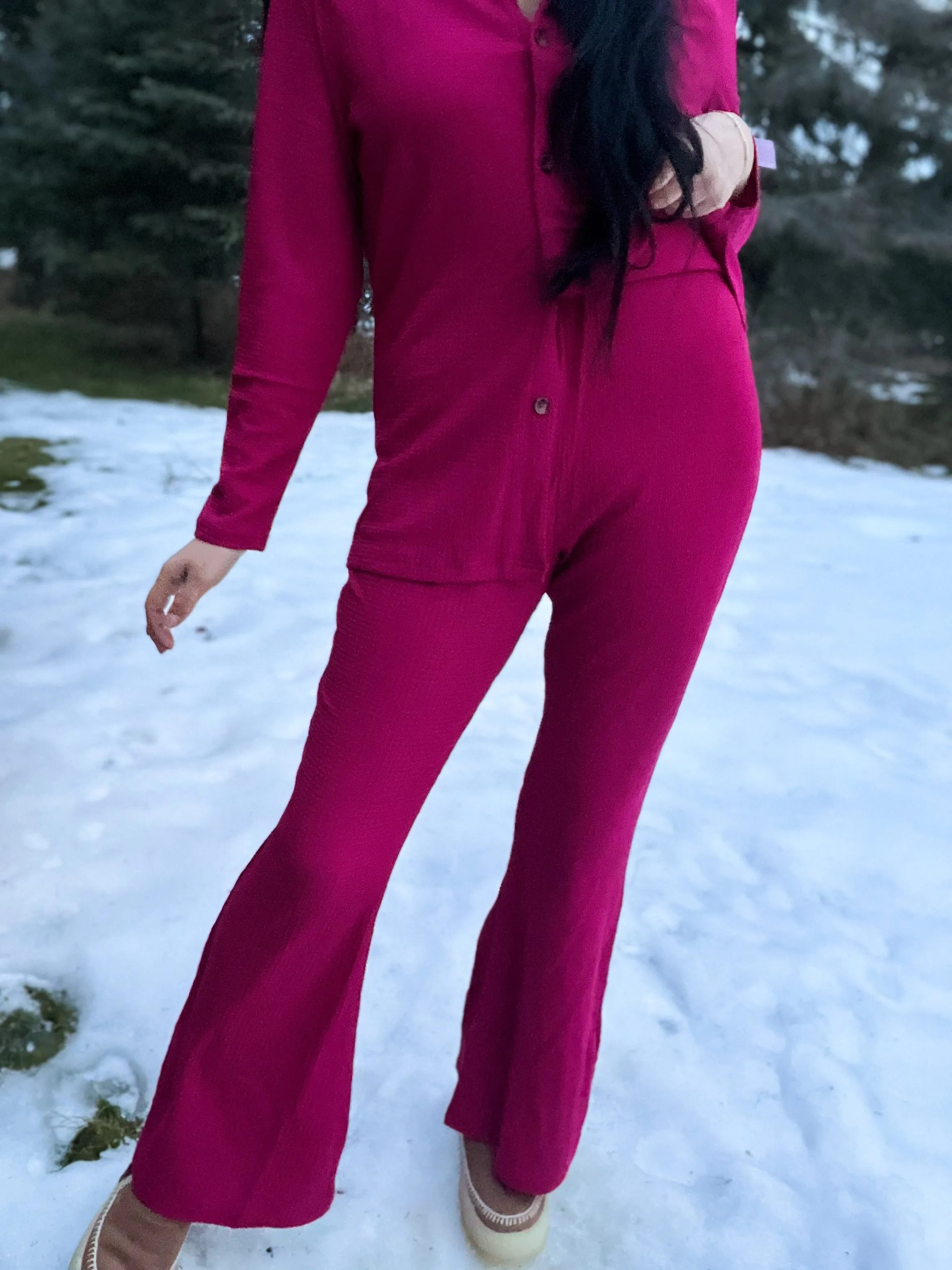 Shari Jacquard Elastic Waist Long Pant- Plum Berry