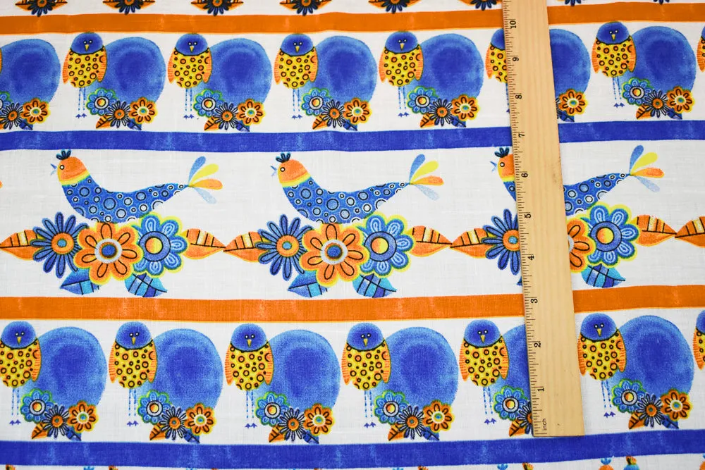 White-Blue-Orange Birds Flower Stripe Pattern Printed Linen Woven Fabric