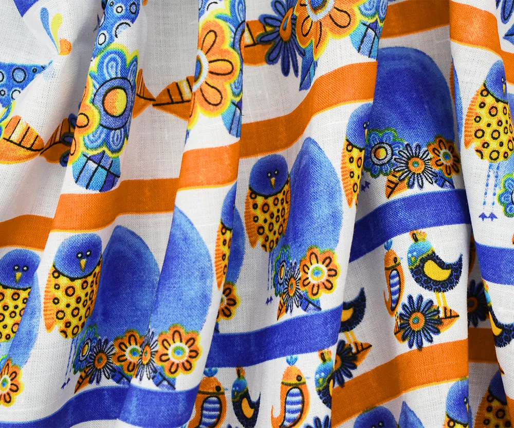 White-Blue-Orange Birds Flower Stripe Pattern Printed Linen Woven Fabric